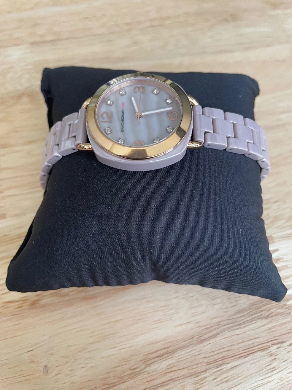 Isaac Mizrahi Mauve Ceramic Watch Gold Trim Rhinestone Accents